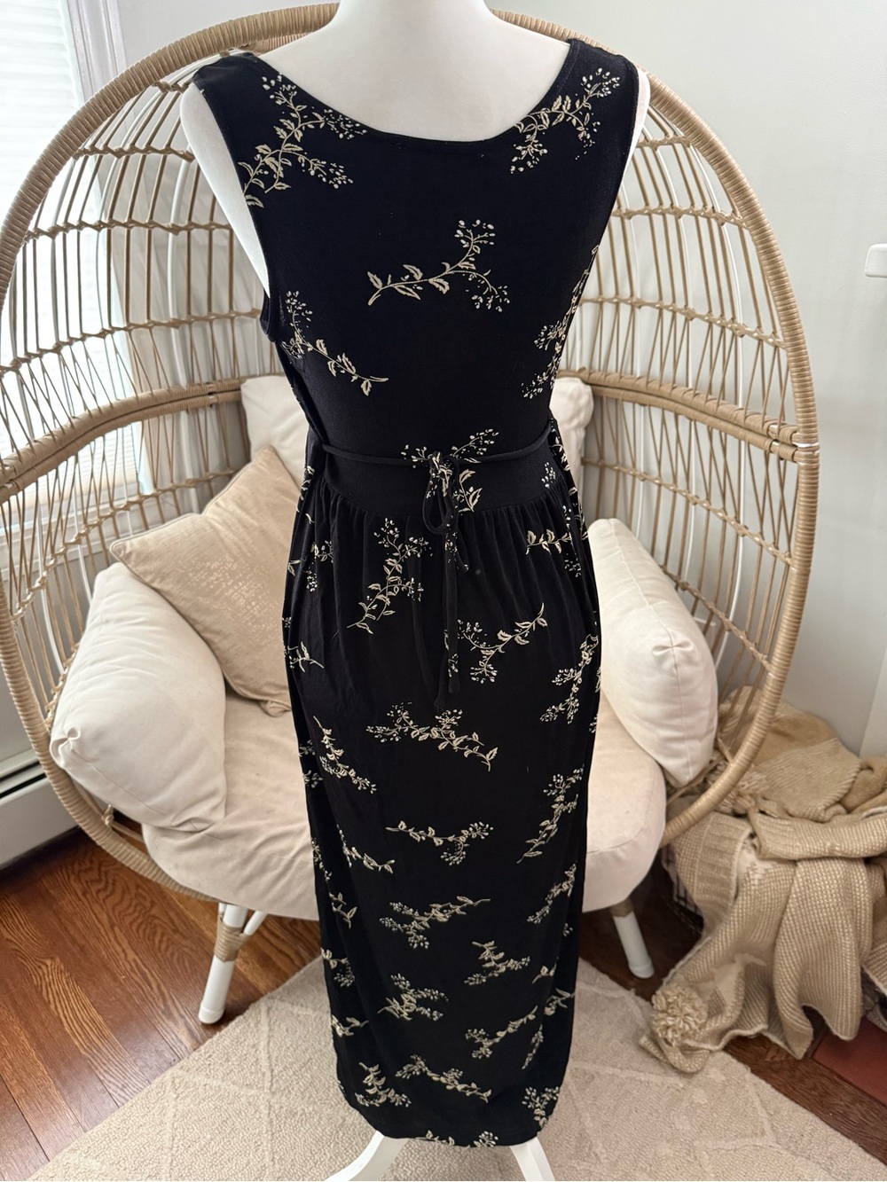 Vintage‎ 90s Grunge Black Floral Sleeveless Midi Dress Tie Back Waist Whimsigoth - Picture 2 of 4